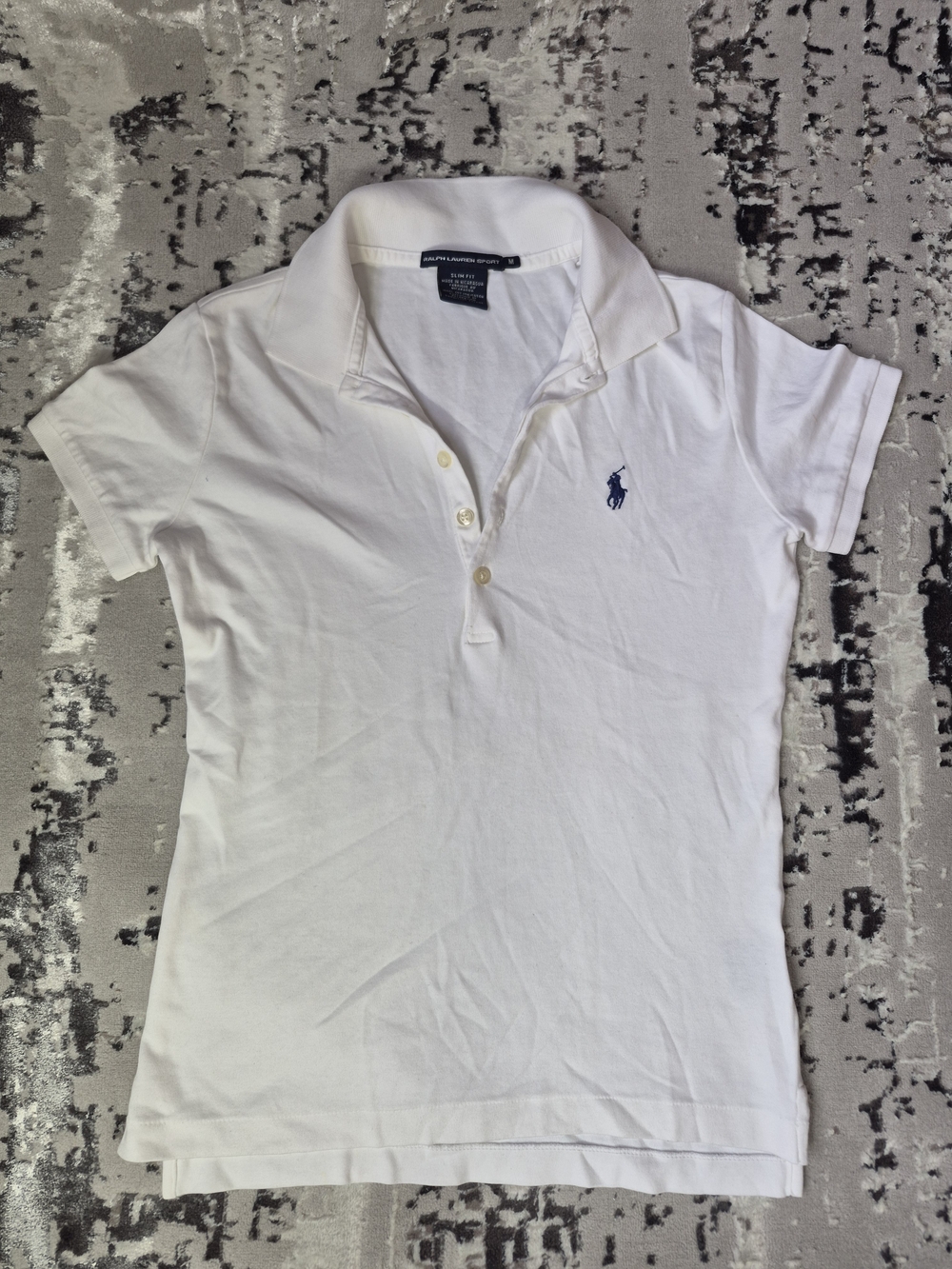 Ralph Lauren SPORT White Short-Sleeve Button-Down Polo Top with Navy PONY SZ M